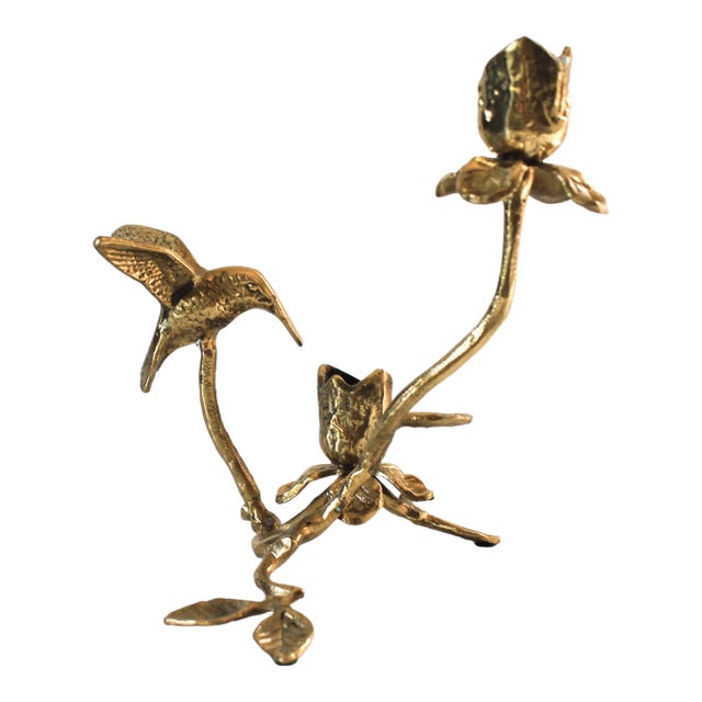 Vintage Brass Floral and Hummingbird Candle Holder For Sale
