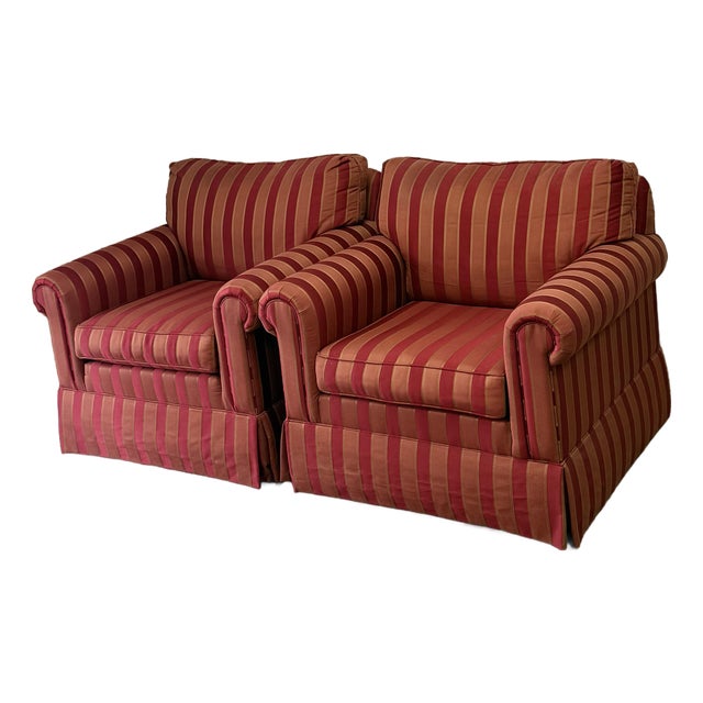 Ethan Allen Upholstered Rolled Arm Skirted Lounge Chairs - A Pair For Sale