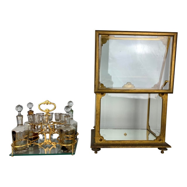 1960s Vintage Brass and Glass Liqueur Box Set For Sale