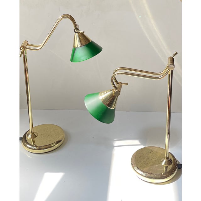 Vintage Scandinavian Bankers Desk Table Lamps in Brass and Green Glass, 1990s, Set of 2 For Sale - Image 10 of 12