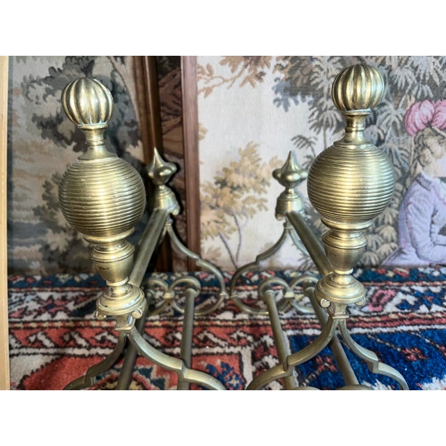 English Vintage Mid 20th Century Solid Brass Andirons - a Pair For Sale - Image 3 of 9