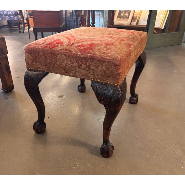 Antique George II Upholstered Bench in the Chippendale Style, Resting on Boldly Carved Ball and Claw Feet and Knee Decoration For Sale - Image 9 of 9