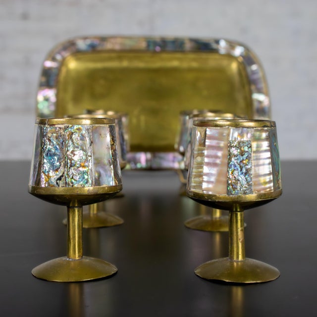 Mid-20th Century MCM 6 Cordial Stemmed Shots and Tray Set Abalone and Brass From Taxco Mexico For Sale - Image 6 of 18