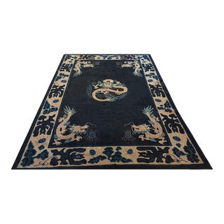 1890s Navy Blue Dragon Medallion Antique Chinese Ningxia Carpet Wool Knotted Rug For Sale