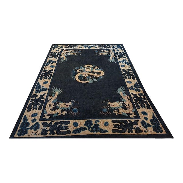 1890s Navy Blue Dragon Medallion Antique Chinese Ningxia Carpet Wool Knotted Rug For Sale