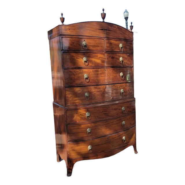 English Regency Mahogany Bow-Front Chest-on-Chest With Ebony Inlay & Lion-Head Pulls, C. 1810–1820 For Sale