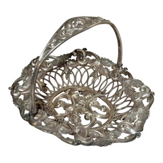 Share Antique Ornate Handmade Silver Plate Repousse Candy Dish Bowl Handle Reticulated For Sale