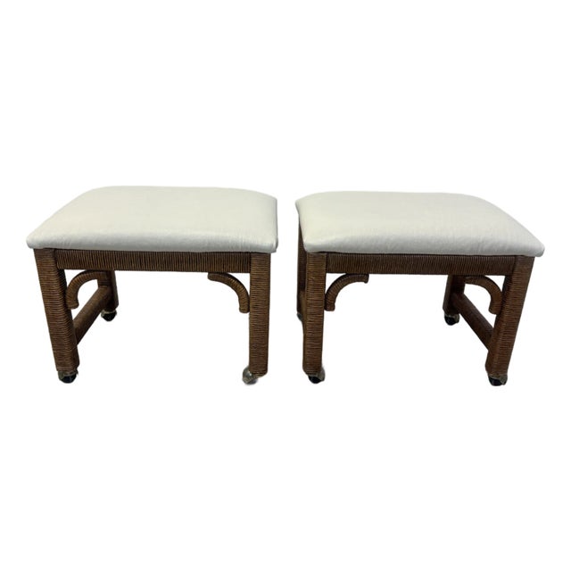 Mid-Century Leather and Wicker Footstools on Caster by Henry Link - A Pair For Sale