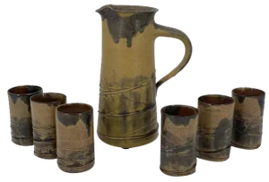 Mid-Century Studio Ceramic Jug with 6 Cups by Luise Dunker for Flensburg Germany, 1950, Set of 7