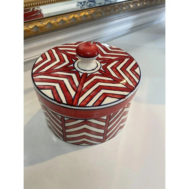 Red Modern Decorative Red & Navy Chevron Bowl & Lid For Sale - Image 8 of 9