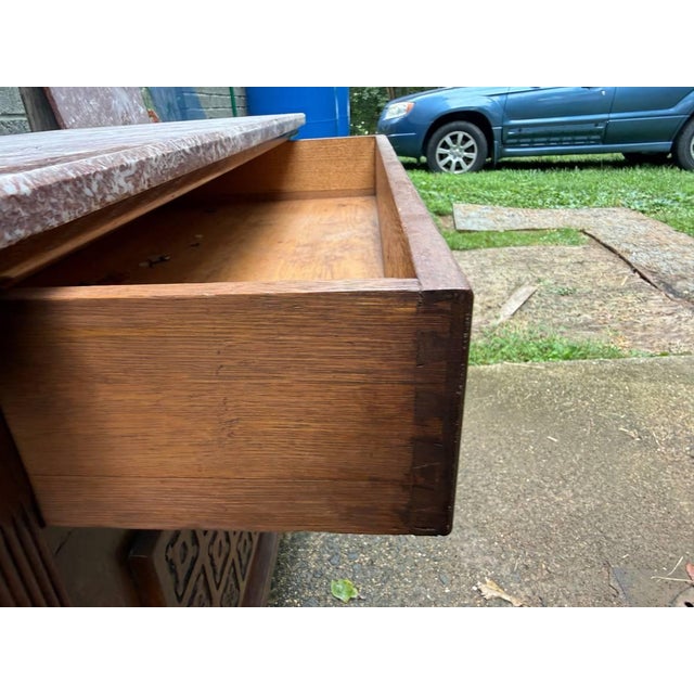 Antique French Art Deco Style Marble Top Oak Wood Cabinet Sideboard With Geometric Front For Sale - Image 15 of 18