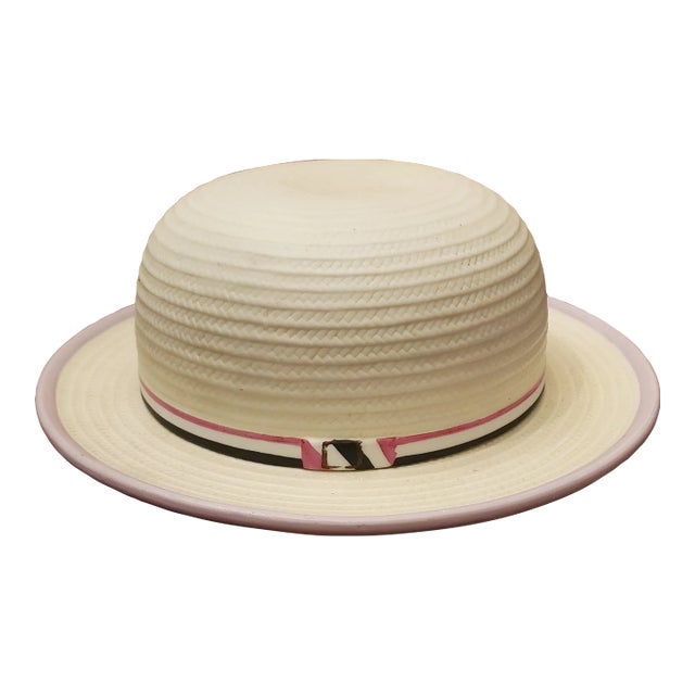 Mid Century Modern Porcelain Faux Panama Straw Hat Jewel Box For Sale
