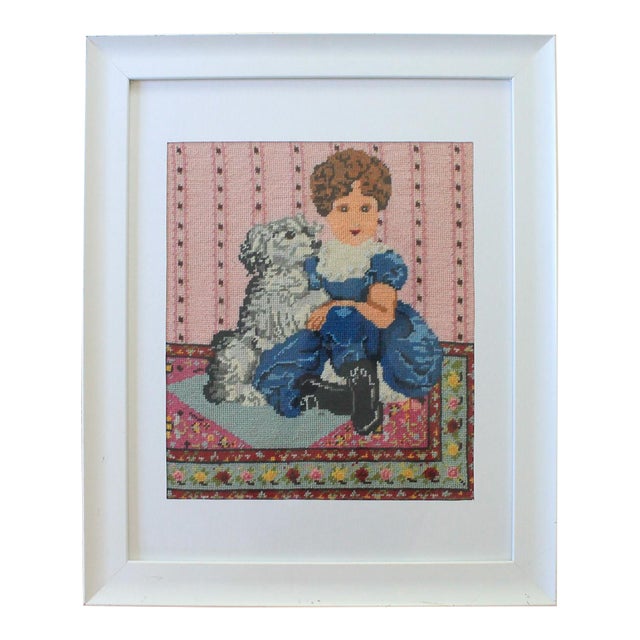 1980's Framed Victorian Needlepoint of Girl and Dog For Sale