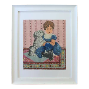 1980's Framed Victorian Needlepoint of Girl and Dog