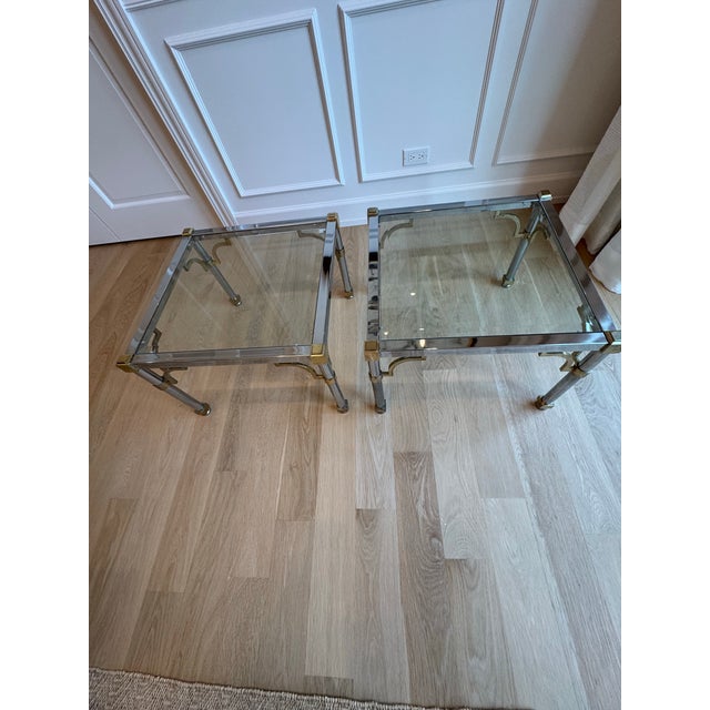 Metal Pair of 1970s Maison Jansen / Mastercraft Style Chrome and Brass Side Tables With Beveled Glass For Sale - Image 7 of 10