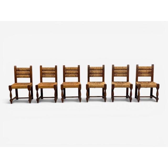 Charles Dudouyt, Six Rustic Dining Chairs, Oak, Rush, France, 1940s For Sale - Image 4 of 16