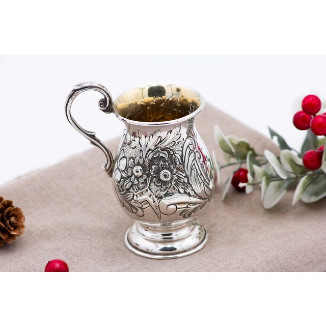 Silver Pot with Raised Floral Motifs Surrounding Monogram Card and Question Mark Handle For Sale - Image 3 of 4