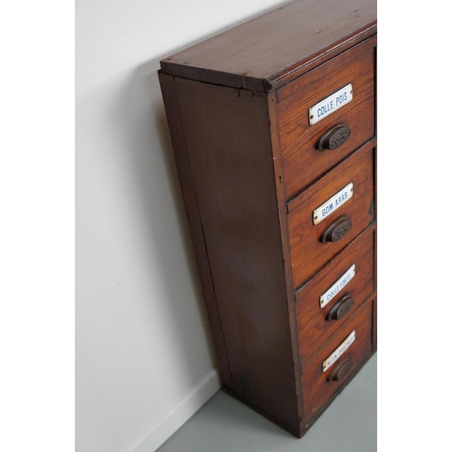 Brown Large Belgian Pitch Pine Apothecary Cabinet with Enamel Shields, 1900s For Sale - Image 8 of 18