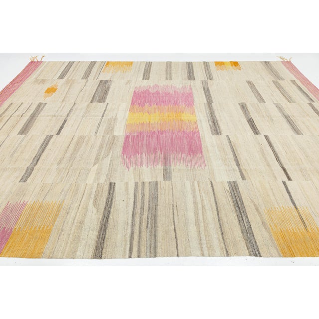 2020s Contemporary Minimalist Wool Kilim Rug With Abstract Ikatesque Accents in Rose For Sale - Image 5 of 12