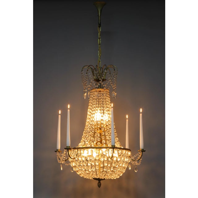 French Louis XVI Style Brass and Crystal Basket 9-Light Chandelier For Sale - Image 5 of 18