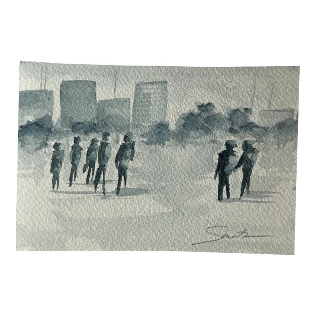 Original Watercolor Cityscape “City Stroll” For Sale