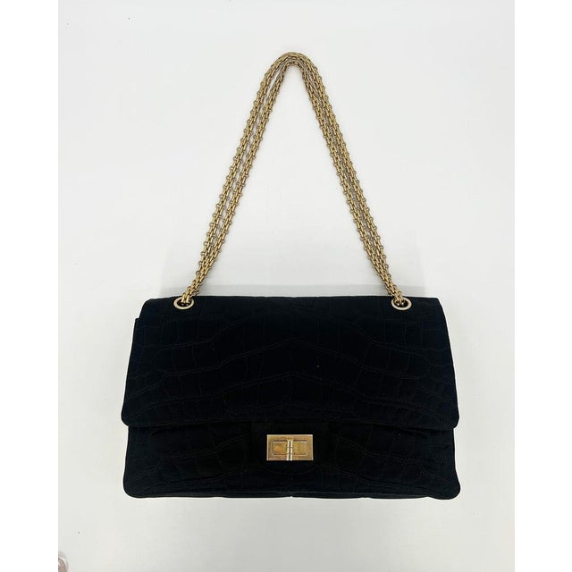Mid 20th Century Chanel Black Satin Coco Croc Quilted 227 Reissue 2.55 Double Flap Classic For Sale - Image 10 of 13