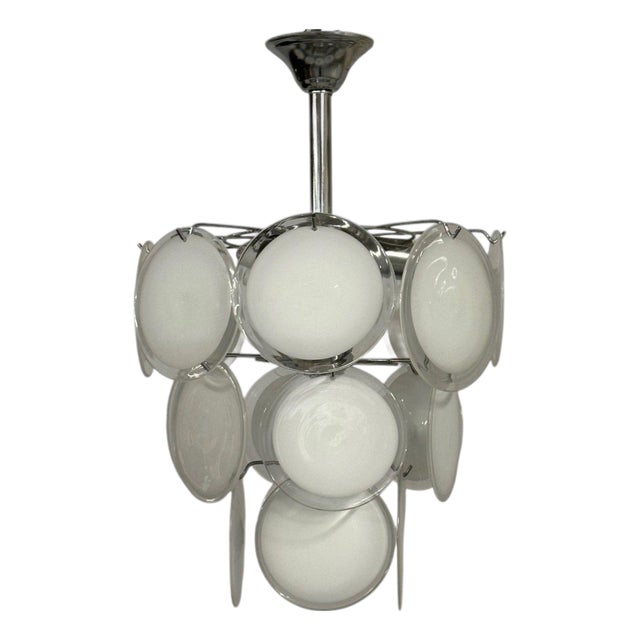 Mid-Century Modern, White Pendant Light, Murano Glass, Chrome, 1960s For Sale