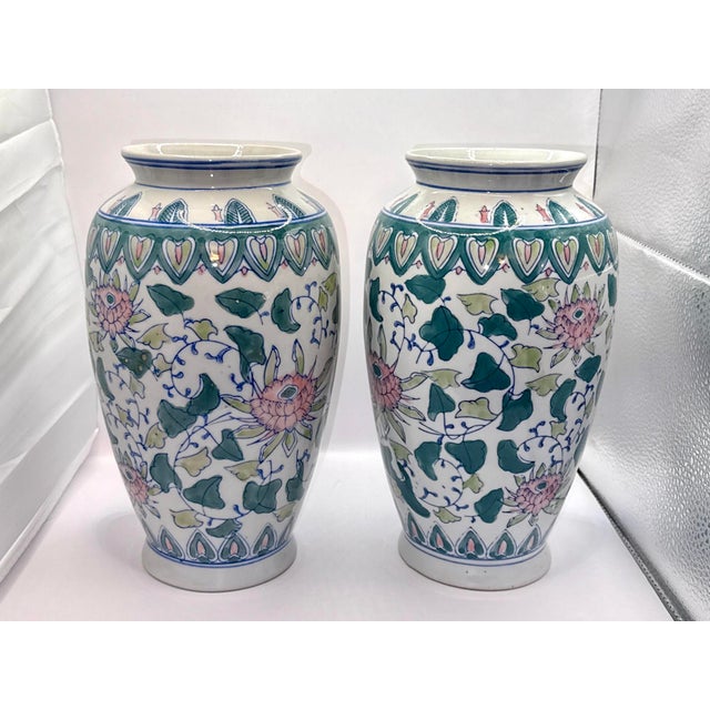 Ceramic Vintage Hollywood Regency Vases - A Pair of Hand-Painted Floral Vases - 10 Inches For Sale - Image 7 of 12