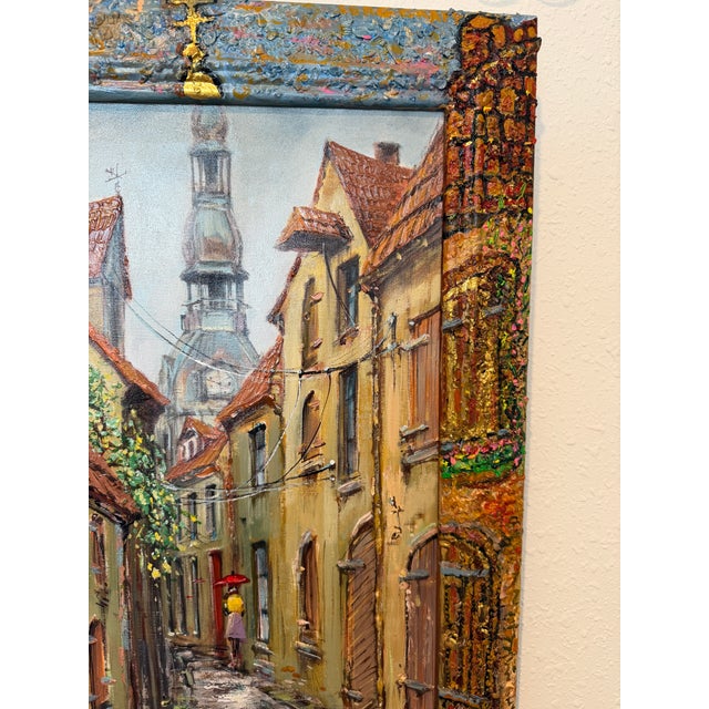2010s Signed Dated European Cityscape Old Town Oil Painting W Hand Decorated Frame For Sale - Image 5 of 9