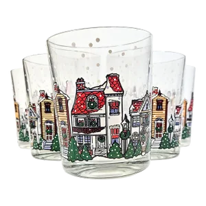 Cartoon Christmas Village Double Old Fashioned Glasses- Set of Six