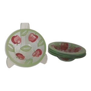 Villeroy & Boch Handpainted Green Fused Art Glass Round Bowls Apples/Leaves- Set of 4