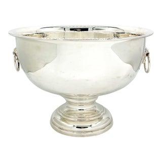 Vintage Silver-Plated Pedestal Punch Bowl With Lion Head Handles – Traditional / Hollywood Regency For Sale