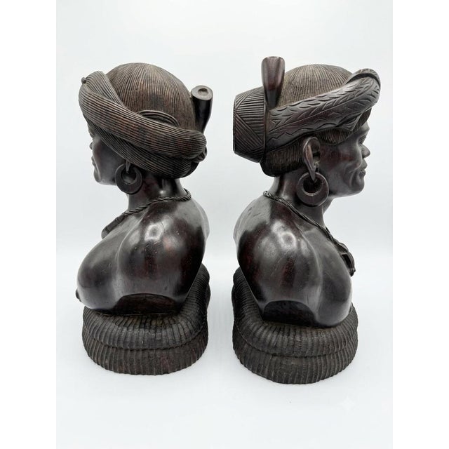 Mid-Century East African Hand-Carved Wooden Busts Pair For Sale - Image 6 of 7