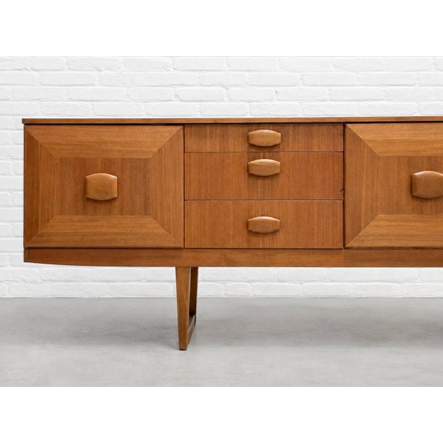 Mid Century Modern Teak Credenza by Stonehill | Long Sideboard With Funky Sculpted Pulls and Sled Legs, Made in England, C. 1960’s For Sale - Image 4 of 18