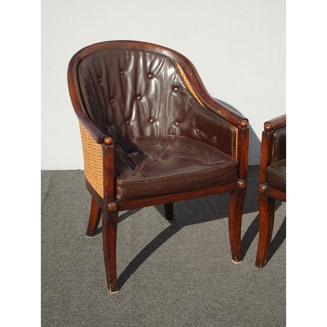 Pair Vintage Theodore Alexander Brown Tufted Leather and Double Cane