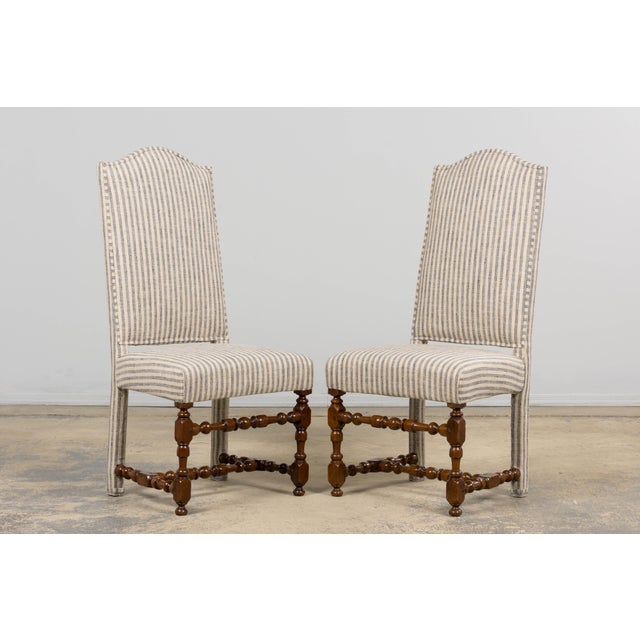 Antique French Louis XIII Walnut Dining Chairs in Tailored Stripe - Set of 8 For Sale In New York - Image 6 of 18