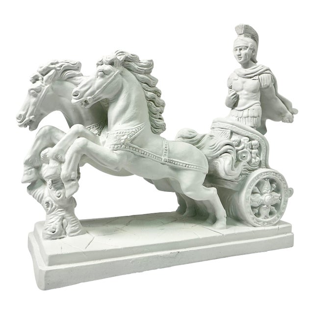 1970s Vintage Roman Empire Hellenistic Charioteer and Two Horse Chariot Plaster Sculpture. For Sale