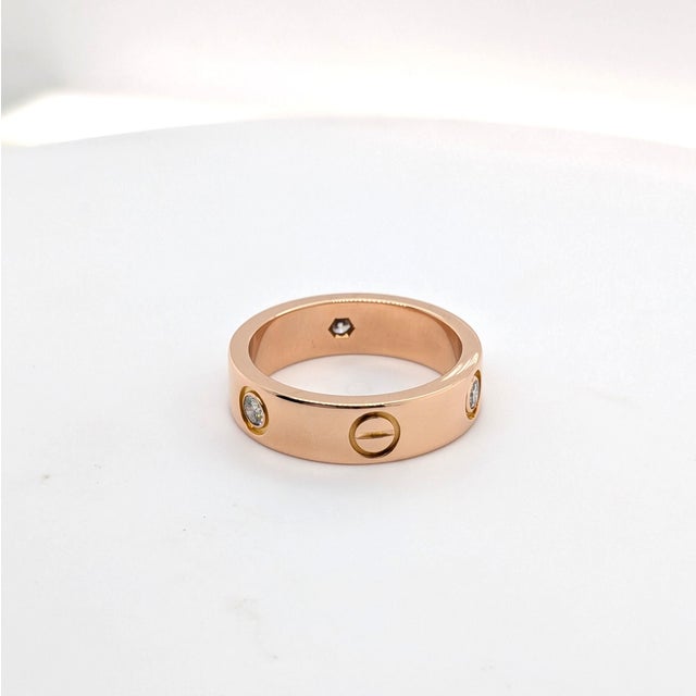 Rose Cartier "Love" Ring With Three Diamonds in 18k Rose Gold - Size 7.5 For Sale - Image 8 of 8