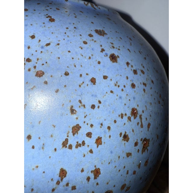 Metal Signed Robin’s Egg Glaze Finish Bulbous Turned Studio Pottery Ceramic Lamp For Sale - Image 7 of 9