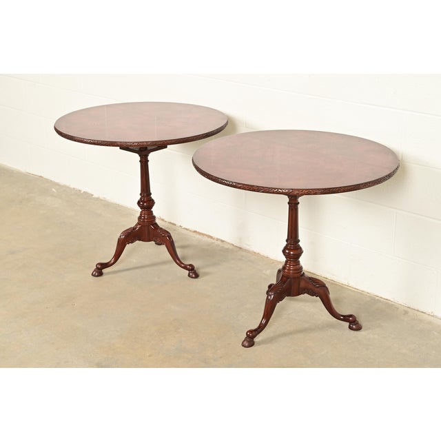 Smith & Watson Georgian Mahogany and Burl Wood Pedestal Tea Tables, Pair For Sale - Image 11 of 11