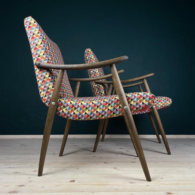 Beautiful pair of vintage armchair Bobi by Meblo made in Yugoslavia in the 1960s. Very good condition. Updated upholstery...