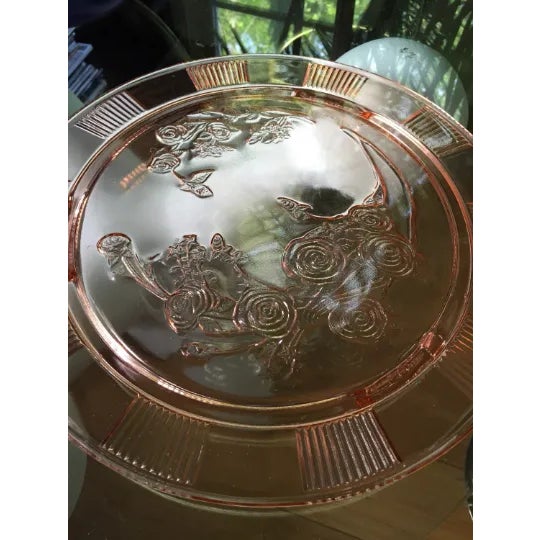Depression Period Pink Glass Roses Pattern Cake Stand For Sale - Image 4 of 8