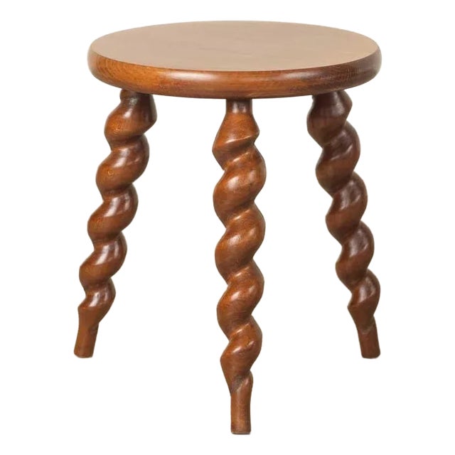 1950s Short French Wood Tripod Stool For Sale