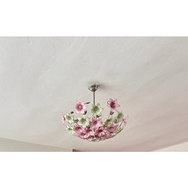 Italian Vintage Italian Murano Style Botanical Flower Ceiling Light, Vintage Handblown Pink Green Glass Bouquet Chandelier, 5-Light Flush Mount For Sale - Image 3 of 17