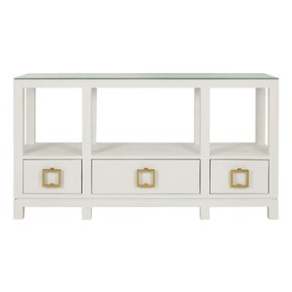 Matthew Izzo Home Campbell White Linen Three Drawer Two Tier Console Table For Sale