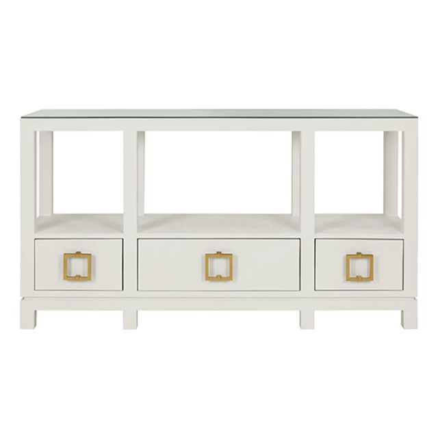 Matthew Izzo Home Campbell White Linen Three Drawer Two Tier Console Table For Sale