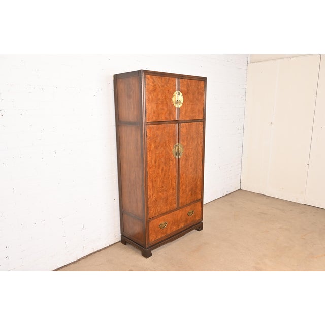 Drexel Drexel Heritage Hollywood Regency Chinoiserie Burl Wood Armoire Dresser or Bar Cabinet, Circa 1970s For Sale - Image 4 of 11
