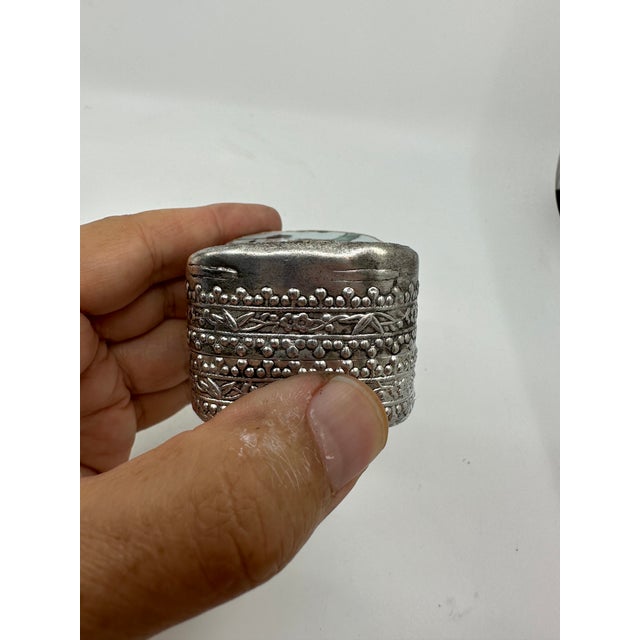 1960s Vintage Chinese Hand Painted Figure Porcelain Chard Embossed Silver Trinket Box For Sale - Image 4 of 5