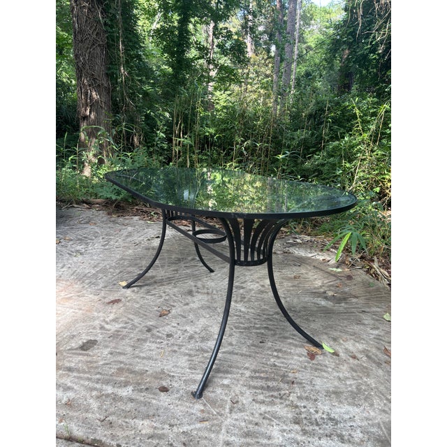 recently sandblasted, professionally primed and painted for patio use, brand new plated glass insert with umbrella hole....
