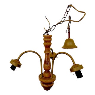 Vintage Three-Arm Wooden Pendant Light For Sale